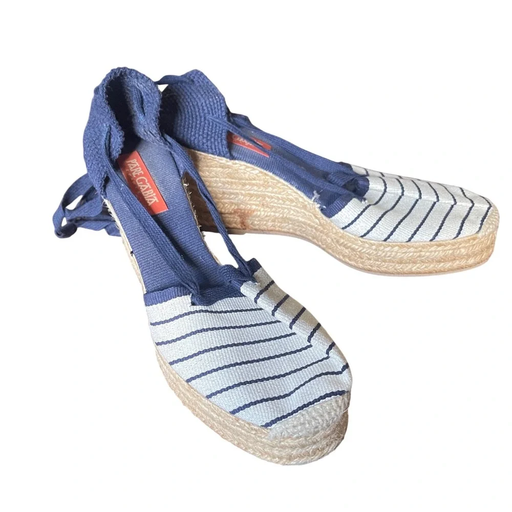 Pare Gabia France Blue White Stripe Lace Up Ankle Wedge Espadrilles Handmade 8.5